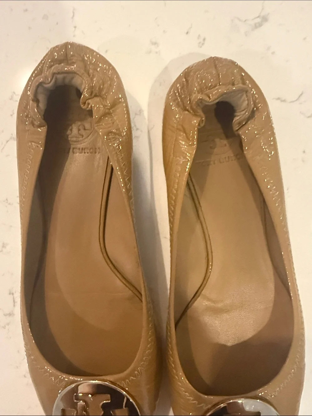 Tory Burch Caramel Patent Leather Logo Ballet Flats